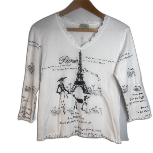 Cactus White Paris Print Ruffled Trim 100% Cotton Top YOUTH Size Medium Poetry - Picture 1 of 9